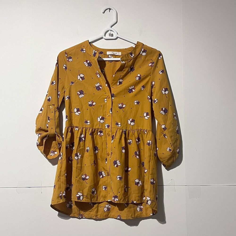 Vintage Jessy B Womens Top Size XS Mustard Yellow Floral Summer Modcloth